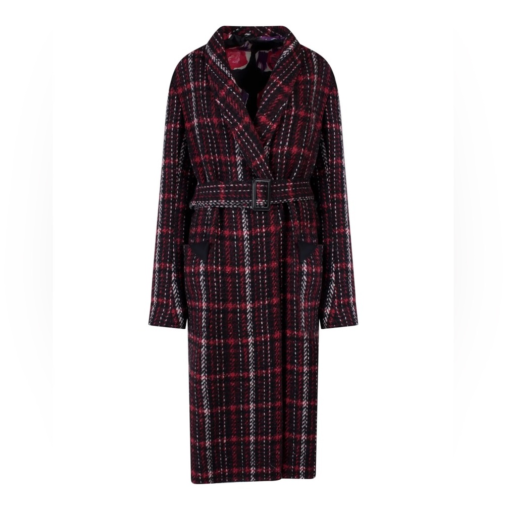 Marni Red and Black Plaid Belted Pea Coat